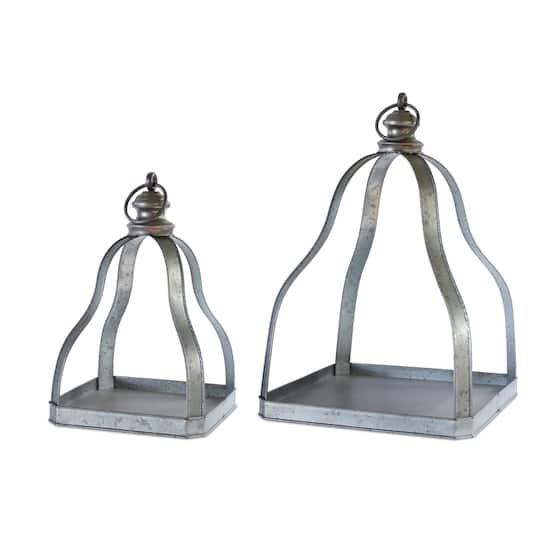 Gray & Black Galvanized Metal with Open Design Lantern Set